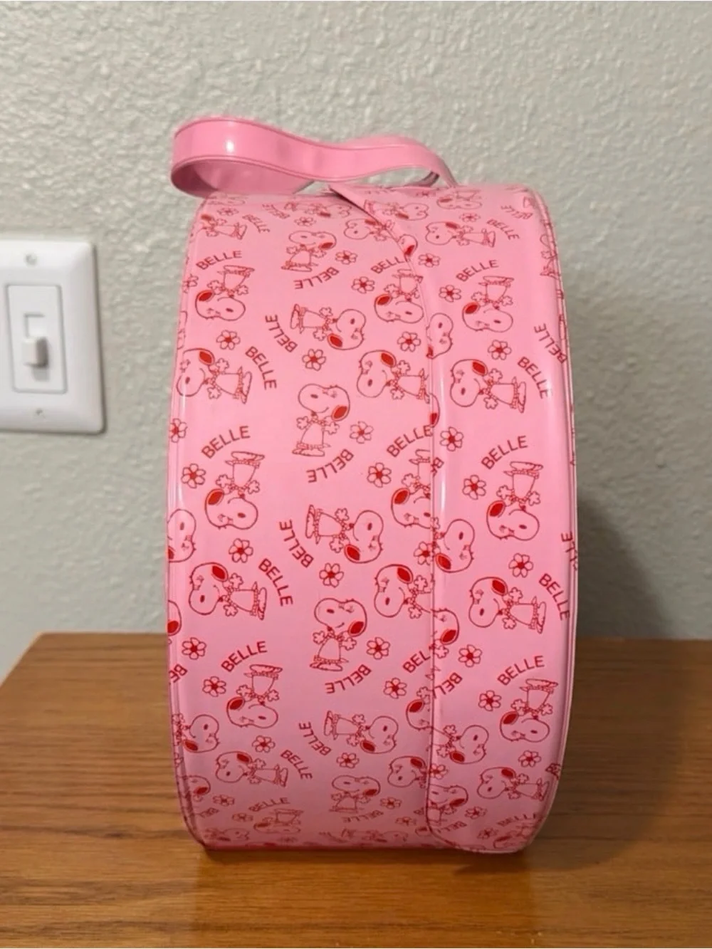 Vintage Peanuts Snoopy Belle Pink and Red Hat Box / Storage Container